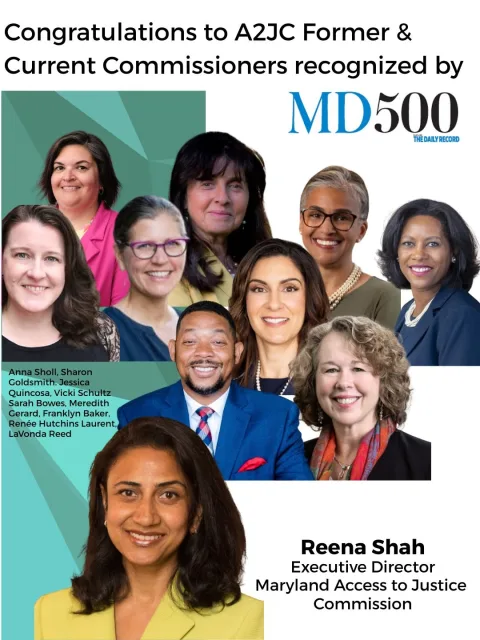 Congratulations to all who were recognized in The Daily Record’s MD500 🎉We are proud to see so many past and present A2JC Commissioners on the list, including:⭐ Franklyn Baker
⭐ Sarah Bowes
⭐ Meredith Girard
⭐ Sharon Goldsmith
⭐ Renée Hutchins Laurent
⭐ LaVonda Reed
⭐ Vicki Schultz
⭐ Anna Sholl
⭐ Jessica QuincosaAnd our very own Executive Director, Reena Shah!Please join us in congratulating them on this achievement 👏