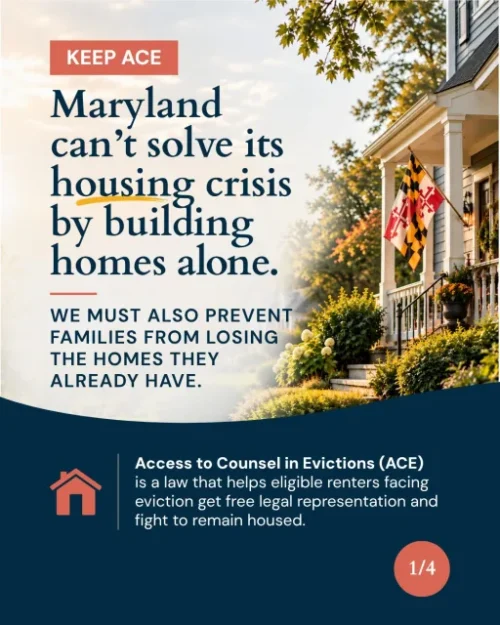“Maryland needs more affordable housing. But we also need to help people keep the homes they already have.A @mdcomptroller report found that nearly half of Maryland renters spend more than 30% of their income on rent.Maryland’s Access to Counsel in Evictions (ACE) law gives eligible renters facing eviction the right to a free lawyer to help them fight to stay in their homes.ACE is now fully implemented statewide.Building more housing matters. Keeping Marylanders housed matters, too.When a renter faces eviction, a lawyer can explain their rights, help them respond in court, and explore options that may allow them to remain housed. That’s how legal representation can support housing stability.Learn how ACE works. Share what you learn. Connect eligible renters with free legal help.#KeepACE #AffordableHousingMD@mdlegalaid @centerpublicjustice @casa4all @pbrcmd @disabilityrightsmd @clspgc @civiljusticeinc @disabilityrightsmd @harfordcountybarfoundation @shorelegal